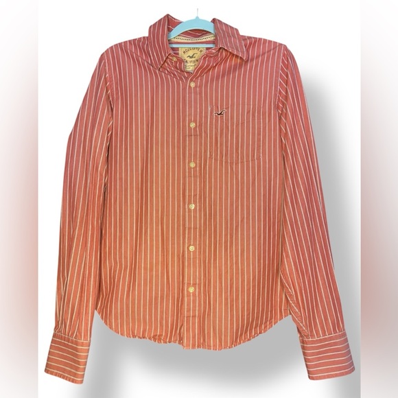 Hollister Men's Coral and White Striped Button-Down Shirt - Picture 1 of 5